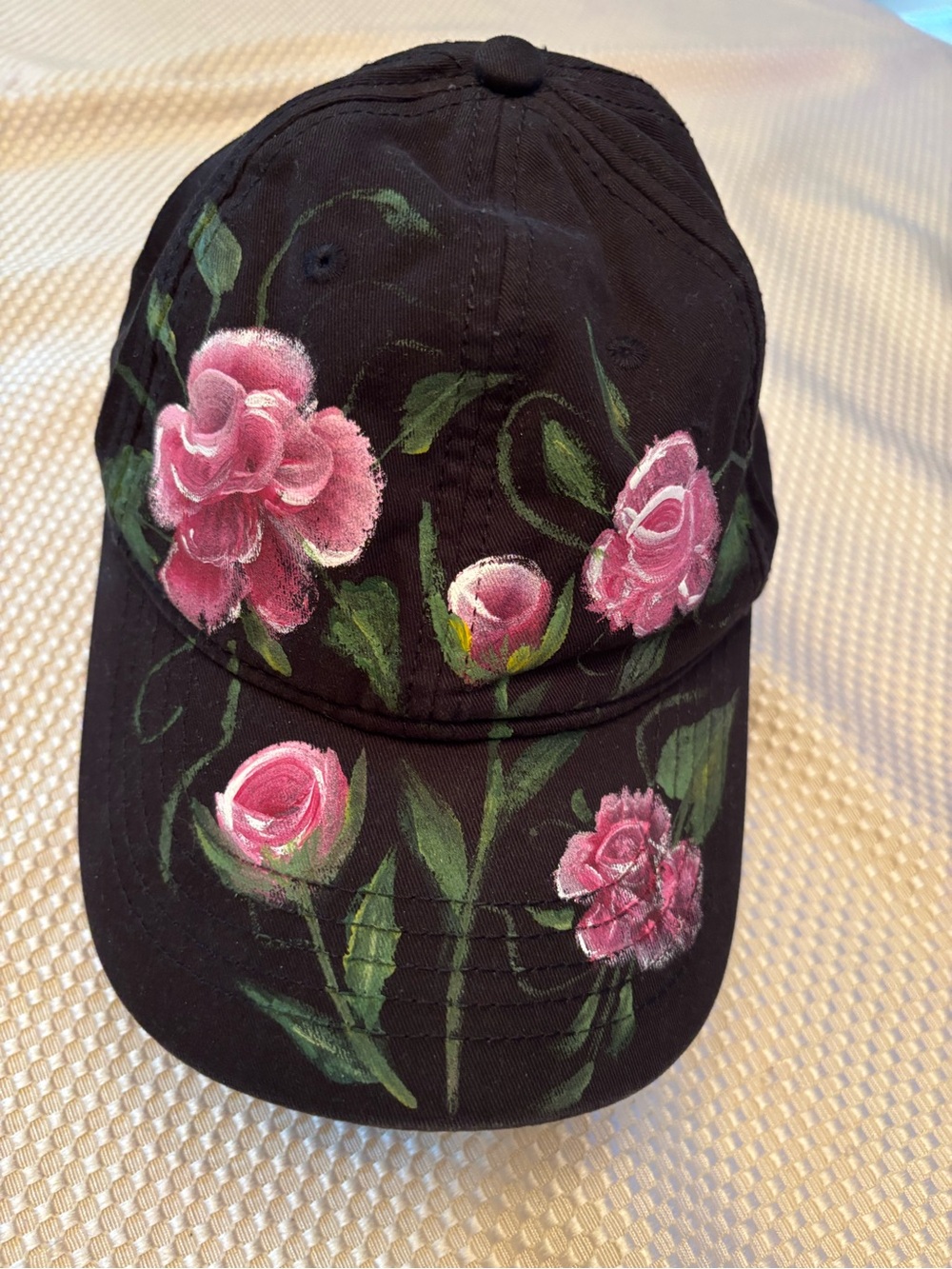 Hand-Painted Black Baseball Cap with Pink Roses Floral Design Handpainted